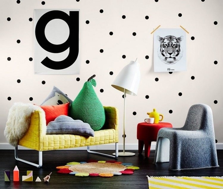 Škandinávska detská izba - tapeta s bodkovaným vzorom Nálepky na stenu do detskej izby Nápady na dekoráciu steny škandinávskymi bodkami