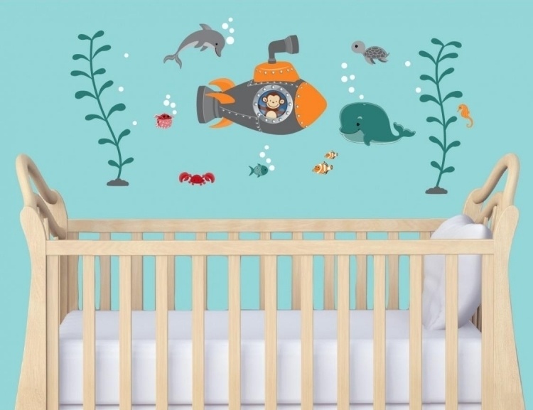 Nálepka na stenu-detská izba-ponorka-veľryba-delfíny-detská postieľka-stena-tyrkysová