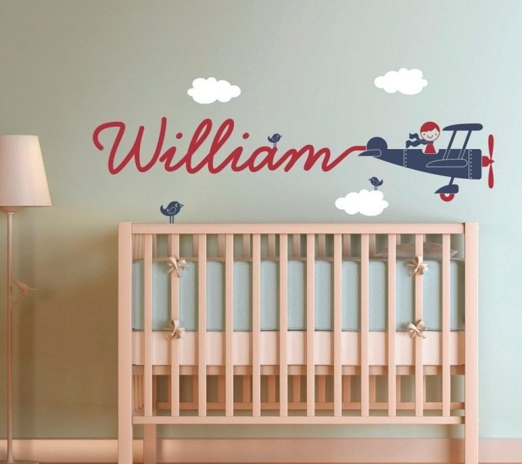 Nálepka na stenu-detská izba-názov-lietadlo-dymová obloha-mraky-detská posteľ