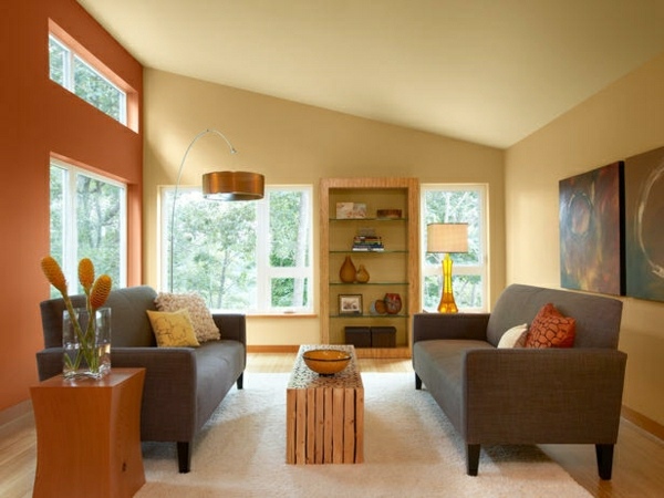 oranžová horčica žltý interiér obývačky