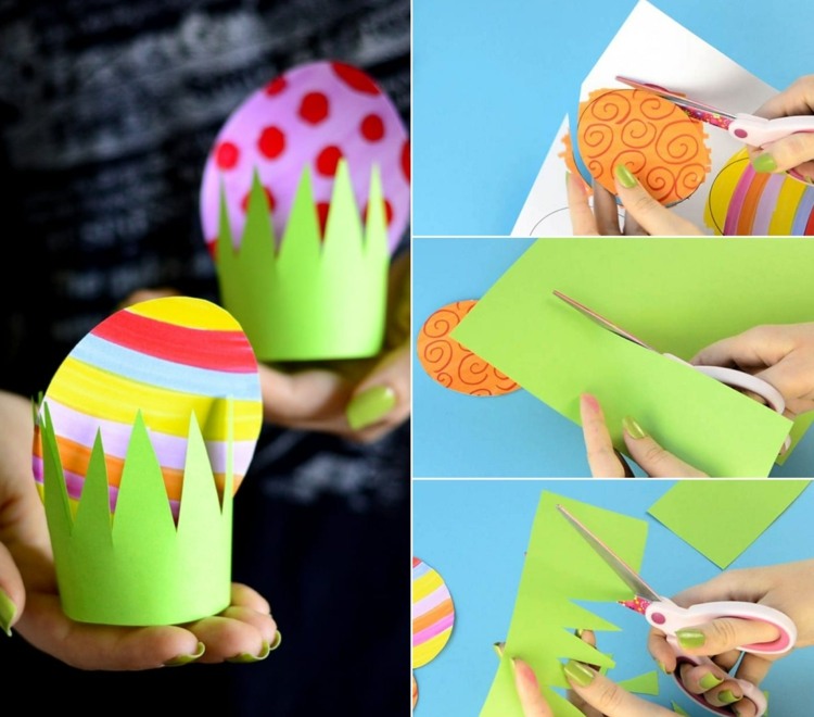 Remeselné nápady pre malé deti s papierom - veľkonočné vajíčko v tráve vyrobené z papiera