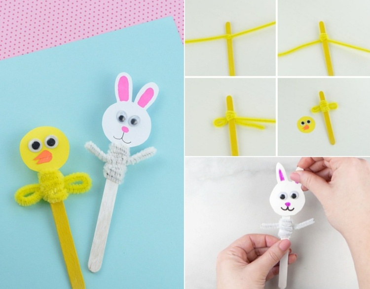 Vtipný nápad na remeslá s paličkami od nanuku a čističmi rúrok - vyrobte si veľkonočného zajačika a mláďa sami