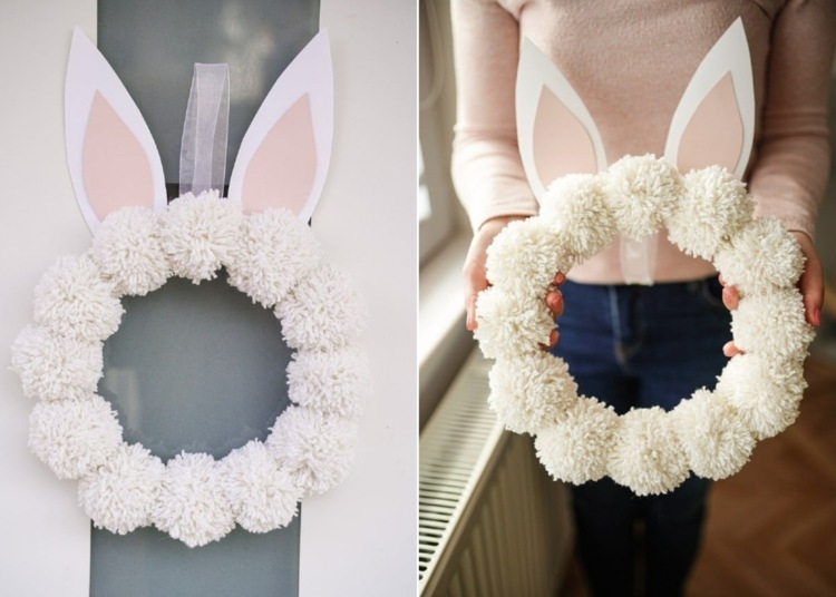 Biele pompony na roztomilý veľkonočný veniec pre domácich majstrov s zajačími ušami