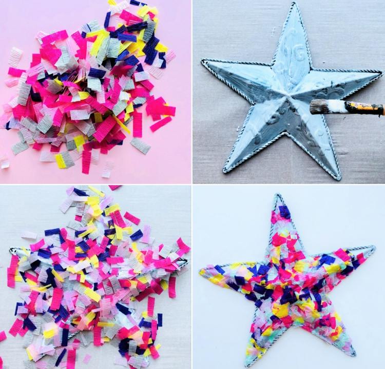 Z kúskov papiera urobte hviezdu - kovovú hviezdu potrite lepidlom a posypte konfetami