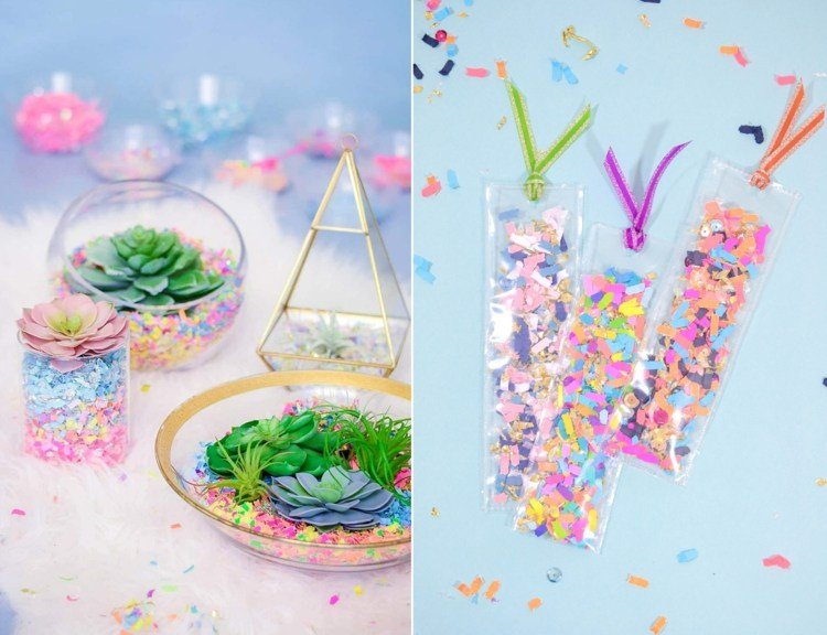 Použite útržky a konfety na ozdobu misiek a na laminované záložky