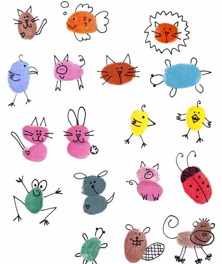 Maľujte zvieratká farbami na prsty - odtlačky prstov na obrázky detských jaslí a batoliat