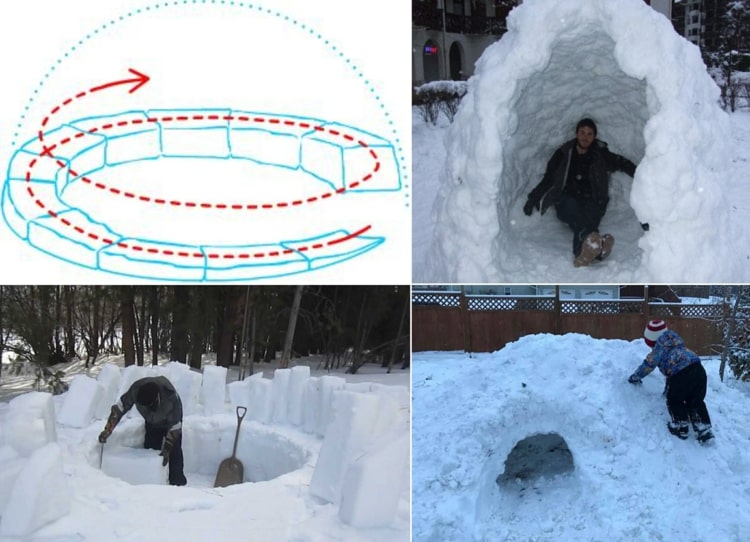 DIY iglu zo snehových blokov do záhrady, keď je veľa zimného snehu