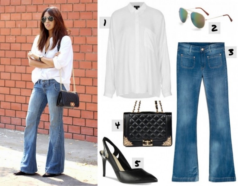 Džínsy-aké-dnešné-rifle-tričko s vysokým pásom-aviatorové okuliare