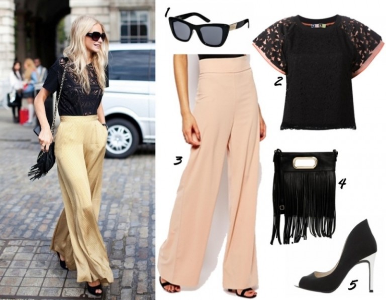 Marlene-nohavice-vysoký-pás-ťava-blúzka-čipka-okrajová taška