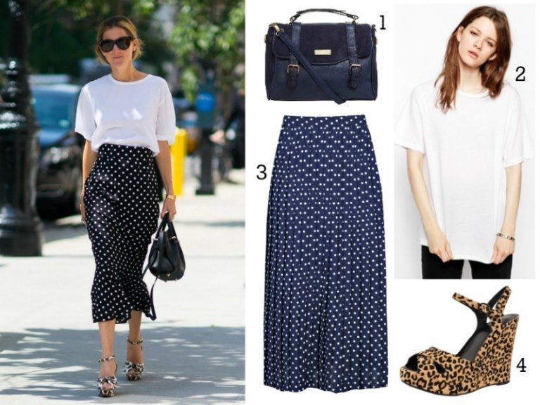 Dnes oblečené-stredne dlhé-sukne-vzor-biele tričko