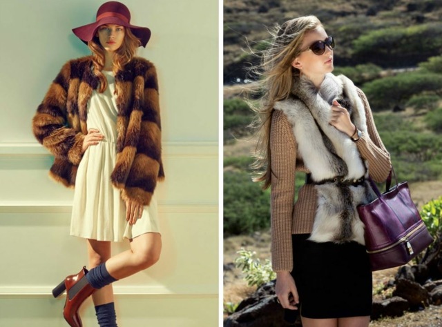 Pletená vesta s kožušinou a kabátom z kožušinových retro tendencií Fur Fall Fashion 2014 Návrh Vaječné škrupiny Farebné šaty