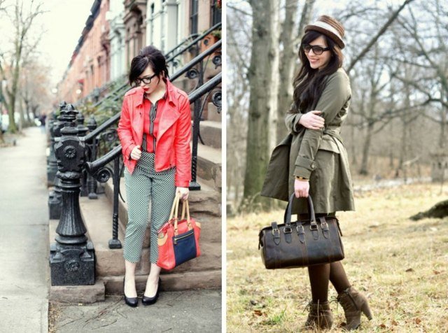 Koža v červenej farbe s čiernymi a bielymi tónmi jesenného kabátu a klobúka červené alebo hnedé akcenty na jeseň