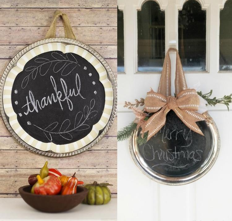 Dekorácia na stenu so starými taniermi a tabuľovou farbou