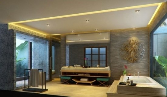 Umývadlo, priestranné zapustené svetlá, jemná atmosféra, napodobňujúca obytný priestor Kúpeľňa veľké, priestranné zapustené osvetlenie, mierna atmosféra, obývačka