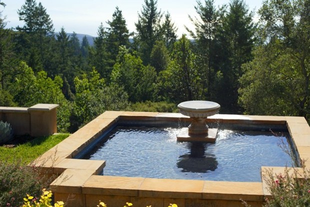 Záhradná fontána vysoké stromy, kamenné okraje, ryby