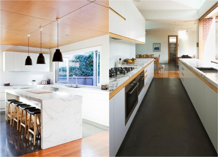 mramor-pracovná doska-kuchyňa-ostrov-biela-drevené-prvky