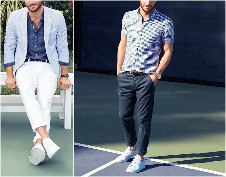 Noste tenisky s chinos nohavicami v tmavo modrej alebo bielej farbe Biele tenisky kombinujú pánske chic-chinos-košele-blejzre