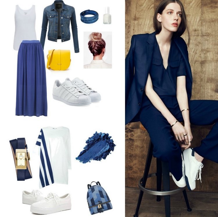 V lete skombinujte biele tenisky s kobaltovou modrou biela-teniska-kombinovať-kobalt-modrá-maxi-sukňa-kombinéza-blejzer
