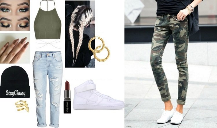 Štýl hip hopu - biela a olivovo zelená biele-teniskové-kombinácie-hiphop-crop-top-vojenský-štýl-priateľ-rifle