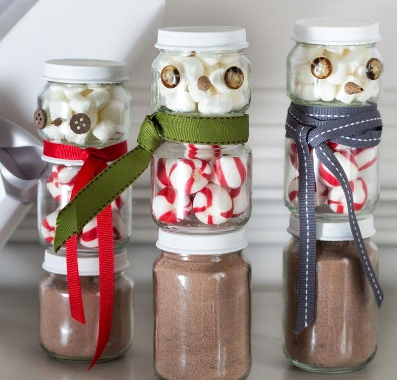 Vianočné darčeky pre rodičov - zabaľte sladkosti ako Santa Claus Nápady na vianočné remeslá-2015-ženy-cukríky-snehuliak-džem-jar