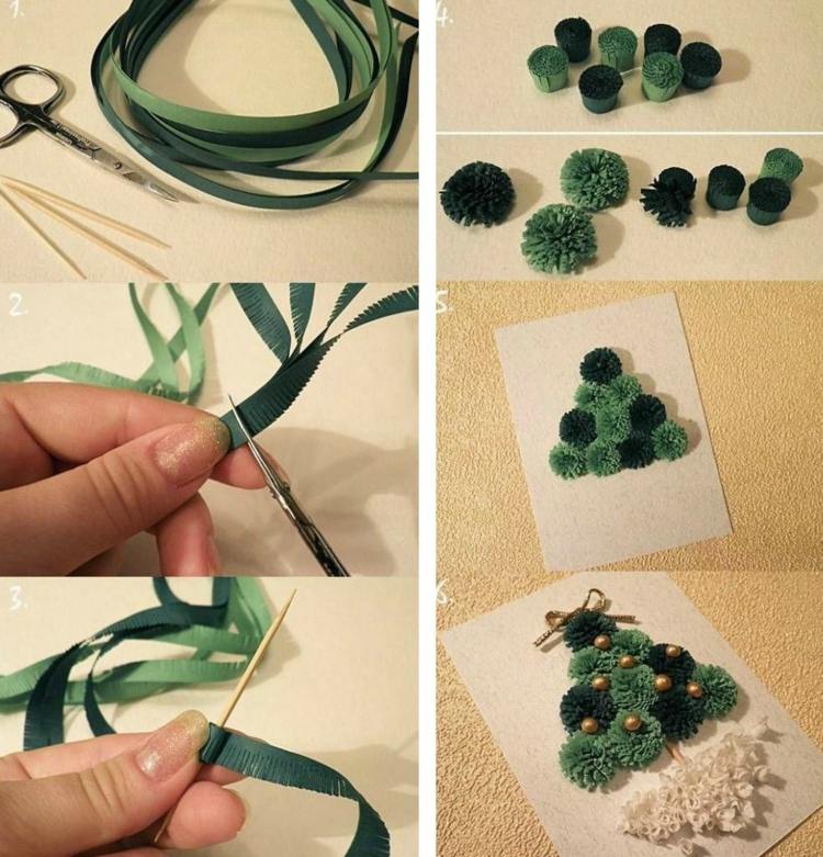 vianočné remeslá deti vianočné pohľadnice dekorácia papierové pruhy strapce s brmbolcami