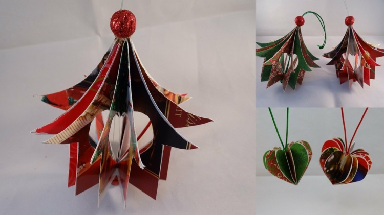 Vianočné remeslá s papierovou výzdobou stromčeka nápad pohľadnice domové srdcia