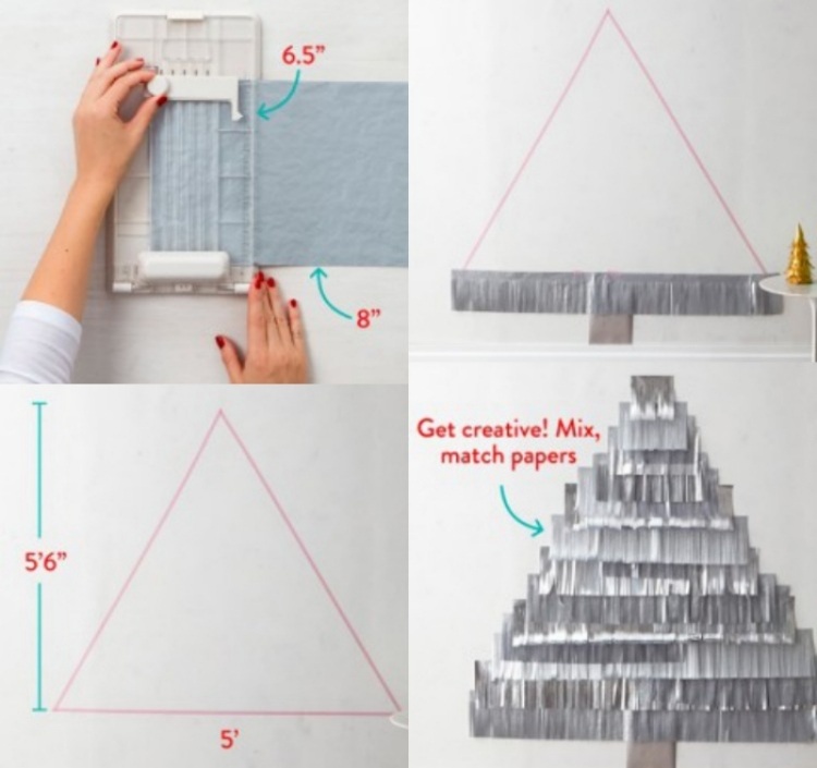 vianočný stromček-alternatíva-nástenka-dekorácia-urob si sám-striebro-strapcový papier-návod