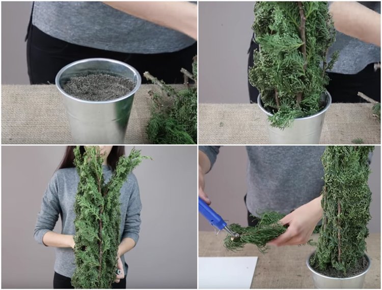 Viazanie stromov z jedľových konárov. Návod na výrobu vedra naplneného zeminou