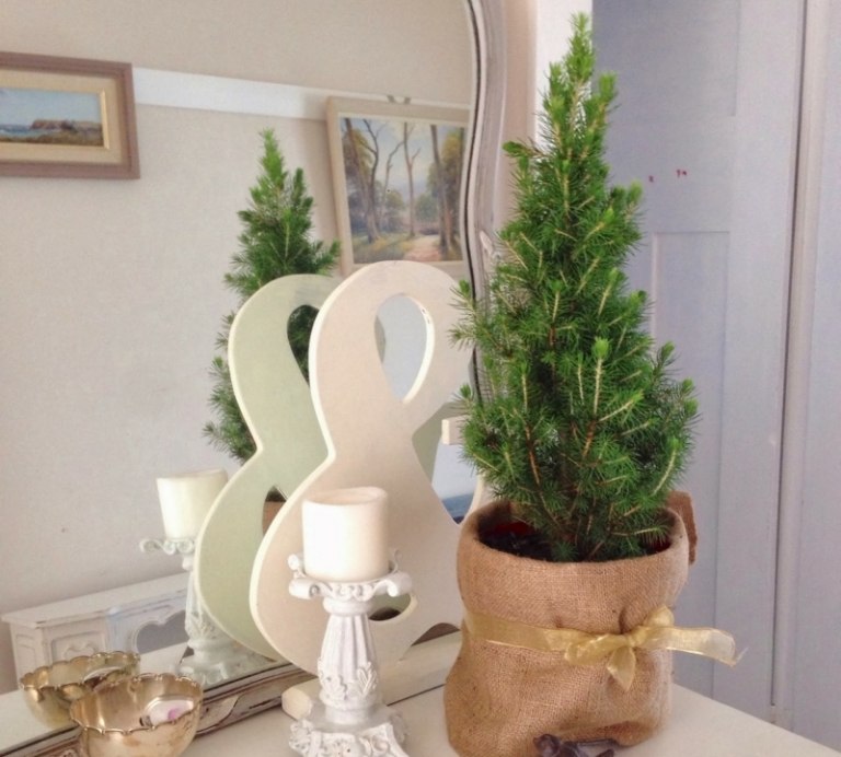 Ozdobte komody a bočné stolíky vianočným stromčekom vianočný stromček v kvetináči dekoratívna komoda s nápadom na životné prostredie