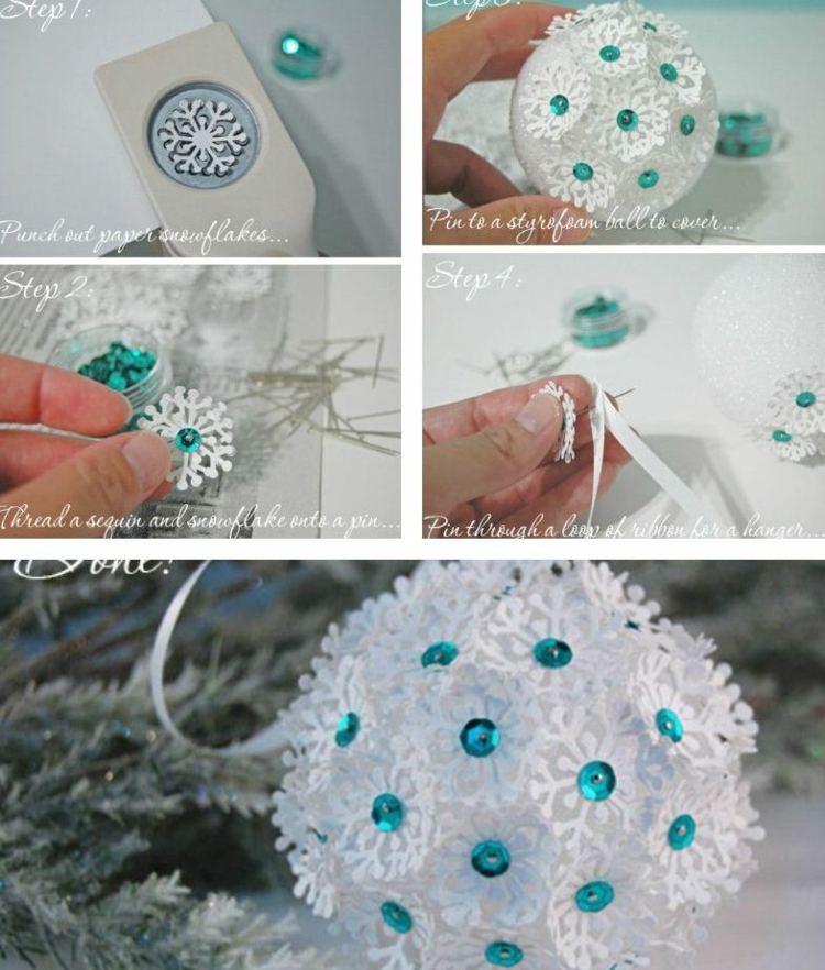 Papierové vločky ako ozdoba vianočnej polystyrénovej gule ozdoby na vianočný stromček vyrobené z papiera punč snehové vločky flitre tyrkysová guľa