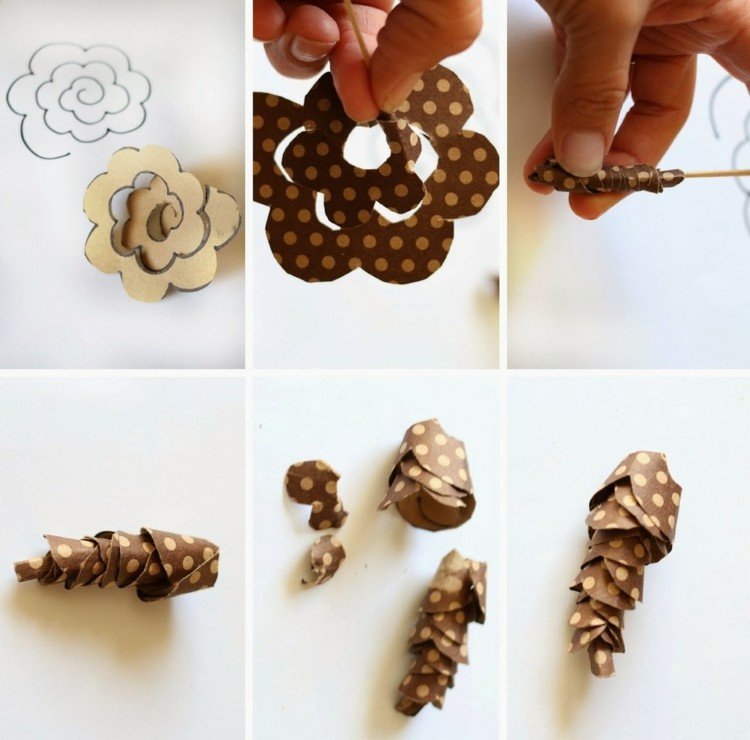 Na ozdobu vianočného stromčeka vytvarujte papier do šišky ozdoby na vianočný stromček vyrobené z papiera šišky nápad špirála hnedá