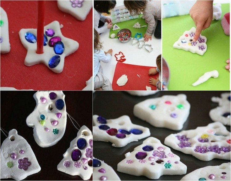 Do soľného cesta vložte remeselné kamene a remeselné korálky Tinker vianočné ozdoby deti-slané cesto-ručné kamienky-ručné korálky-zdobené