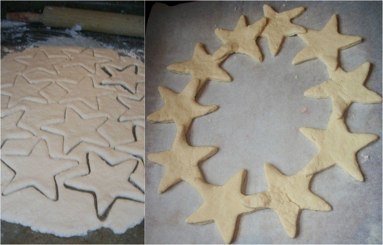 Veniec zo zlepených hviezdičiek zo slaného cesta vianočné stromčeky-dekorácie-drotár-deti-soľ-cesto-veniec-hviezdy