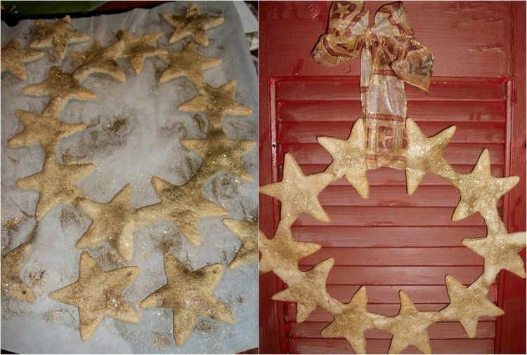 Veniec zo zlatých slaných cesta vianočný stromček-dekorácie-drotár-deti-soľ-cesto-veniec-hviezdy-zlaté-trblietky