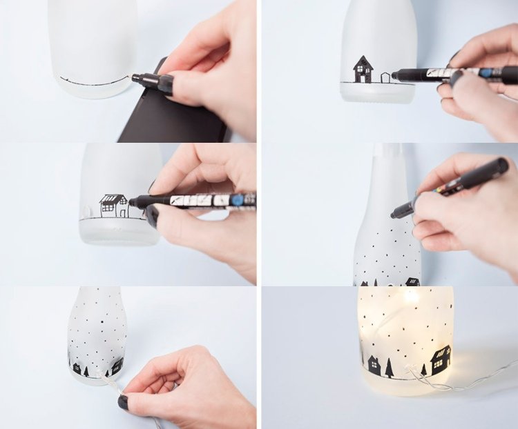 Namaľujte fľašu šampanského, drotárstvo s vianočnými ozdobami na stôl