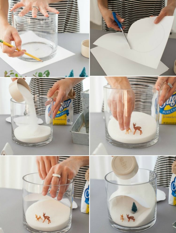 vianočné ozdoby-drotár-sklenené-nádoby-vyrobiť-sneh-papier-snehové kopce