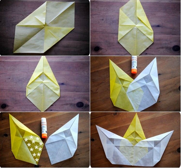 Zložte draky z dračieho papiera a zlepte ich vianočné dekorácie-okenné hviezdy-žltý-biely-vzor