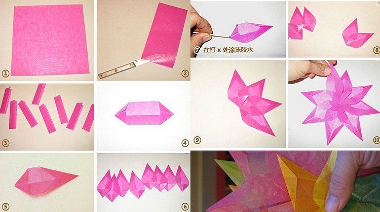 Pokyny zložia ružovú hviezdu z dračieho papiera vianočné dekorácie-okná-hviezdy-sklad-ružové-návod