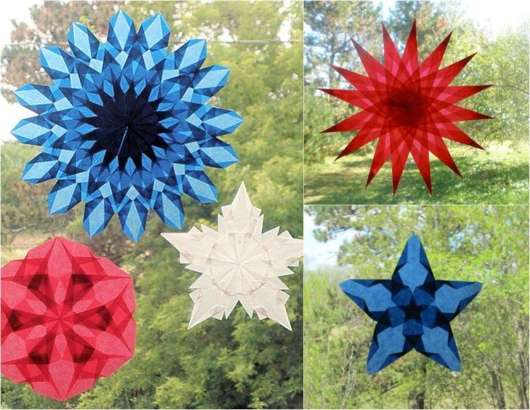 Priehľadné papierové hviezdy v červenej, modrej a bielej farbe vianočné dekorácie-okenné hviezdy-drotár-červeno-modro-biele