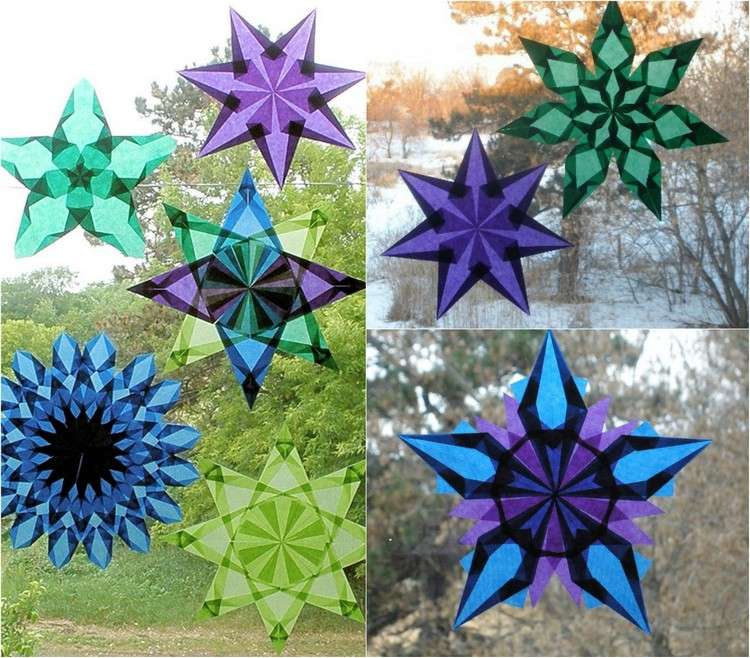 Hviezdy dračieho papiera v zelenej, modrej a fialovej farbe vianočné dekorácie-okenné hviezdy-drotár-modrá-zelená-fialová-farby