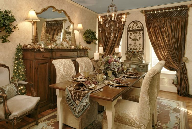 vianočná výzdoba jedáleň elegantný hnedý béžový nábytok koberec