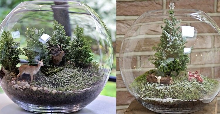 sférická sklenená váza naplnená machom a jedľovými vetvami vianočné dekorácie-sklo-urob si sám-zem-mach-les-krajina