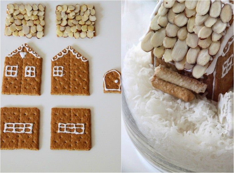 Perníková chalúpka v sušenom kokose - strecha položená s mandľovými lupienkami vianočná dekorácia-sklenená-urob si-sám-vaflová stena-mandľová-listová-strecha