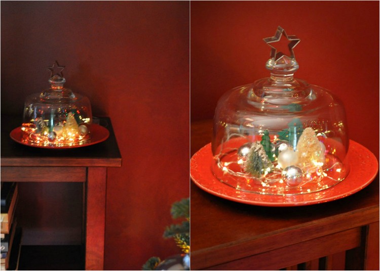tanier s červeným koláčom so sklenenou kupolou - rozprávkové svetlá a malé figúrky vianočné dekorácie-sklo-urob si sám-červená-tanier-sklenený zvonček