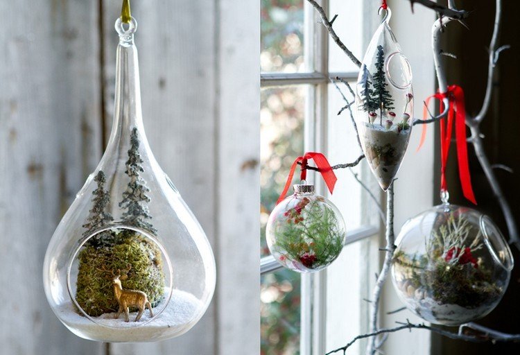 visiace sklenené gule plnené dekoráciami Urob si sám, vyrob si závesné sklenené gule-lesná krajina v pohári