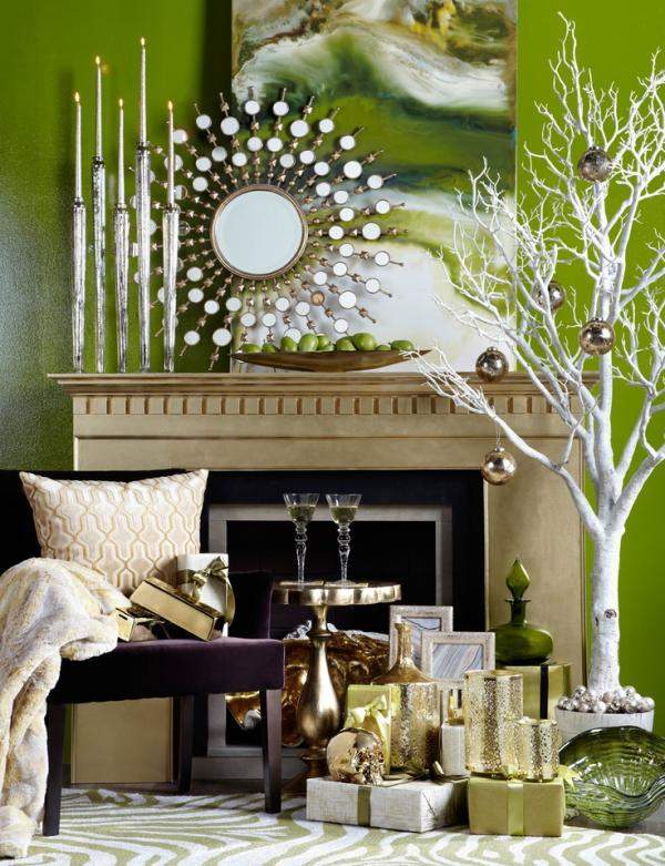 Vianočná dekorácia ohnisko biely zelený zlatý hruškový svietnik biely stromček Vianočná dekorácia biely zelený krb hruškový svietnik biely stromček