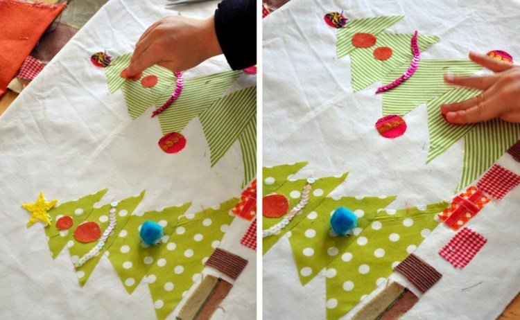 Vianočné ozdoby vyrobené z kúskov látky Vianočná dekorácia s detskou drobnosťou nápad na lepidlo jedľa