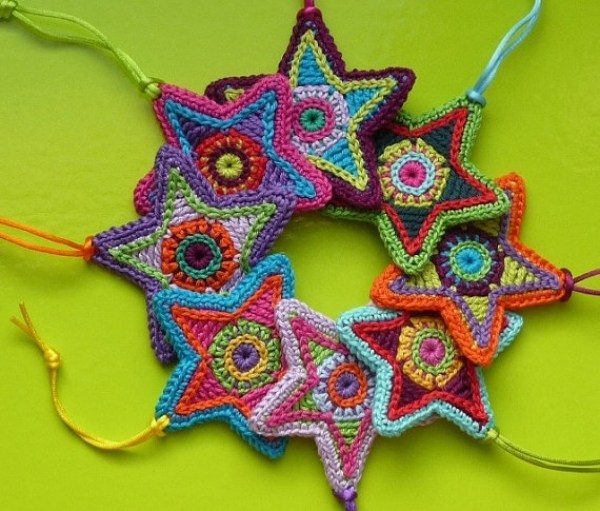Zimná výzdoba Ozdoby na vianočný stromček Vianočná pletená hviezda rôznofarebnej priadze