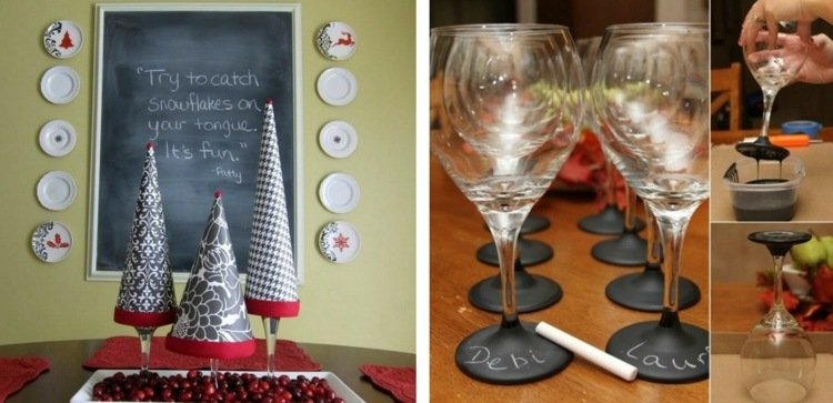 Poháre na víno pokryte modernými papierovými jedľami alebo ich ozdobte tabuľovou farbou vianočné dekorácie poháre na víno moderný jedľový papierový kužeľ tabuľa farebné nožičky