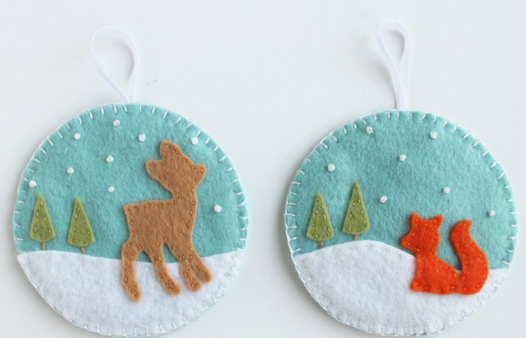 Zobrazenie zasneženej krajiny na značkách plsteného vianočného stromčeka Šitie vianočných ozdôb -inštrukcií-sneh-krajina-jeleň-líška